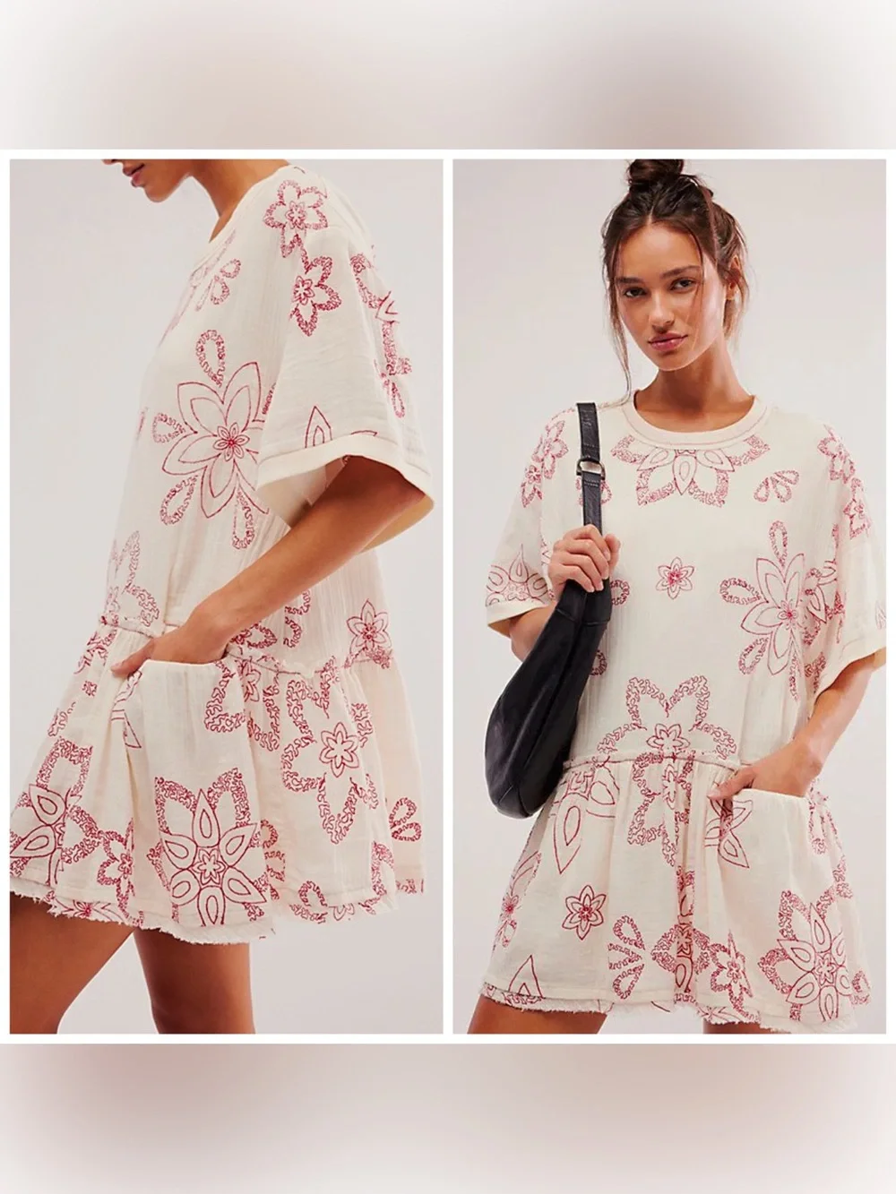 Free People Picking Petals Mini Dress Ivory Red Embroidered Floral Gauze Medium